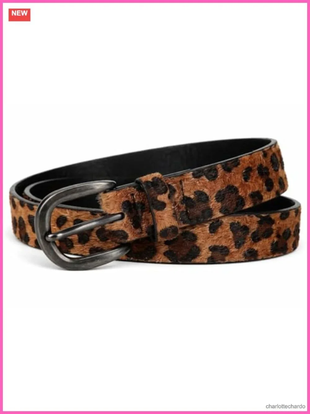 Faux Leather Skinny Belt for Women - Leopard Print Glossy Black Buckle Waist